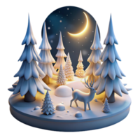 Winter Wonderland 3D Render Snowy Forest Scene with Crescent Moon and Reindeer png