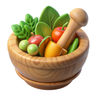 Vibrant 3D Render of Wooden Mortar and Pestle with Fresh Produce png