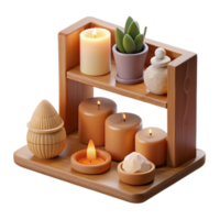 Serene Spa Setting 3D Illustration Candles, Succulents, and Wooden Shelf png