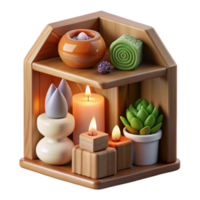Serene Spa Setting 3D Render Illustration Wooden Shelf with Candles, Succulents, and Aromatherapy Items png