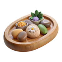 Spa Day Serenity 3D Render Wooden Tray with Stones and Flowers png