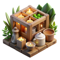 Serene Spa Setting 3D Illustration Wooden Crate Candles Tea png