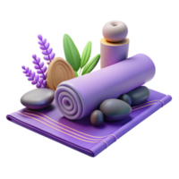 3D Render of Spa Relaxation Scene with Rolled Towel, Stones, and Lavender png