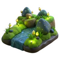 Enchanted Stream 3D Render A Fantasy Landscape with Glowing Mushrooms and Rocks png