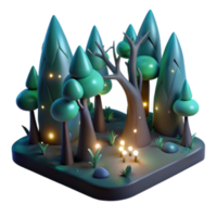 Enchanted 3D Forest Illustration Magical Nighttime Trees, Glowing Fireflies, and Lush Greenery png