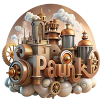 Steampunk Cityscape 3D Illustration Gears, Cogs, and Victorian Architecture in a Whimsical Cloud Setting png