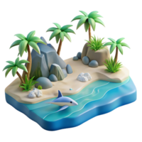 Tropical Island Paradise 3D Render of Ocean, Beach, and Palm Trees png