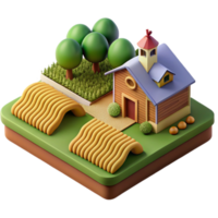 Farmhouse, Wheat Fields, and Trees Isometric 3D Render png
