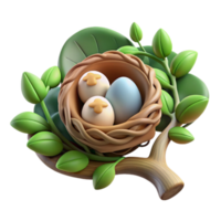 Spring Bird Nest with Eggs 3D Render png