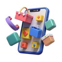 Mobile Shopping App Online Retail, Ecommerce, Digital Commerce, Shopping Bags, Phone Interface, App Icons, 3D Render, Colorful Design, User Interface png