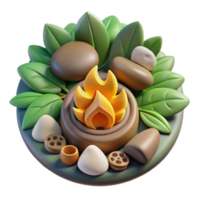 Campfire Scene 3D Render of Flame, Stones, and Leaves png
