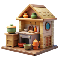 Cartoon Kitchen Miniature House, Cooking Pots, and Utensils png