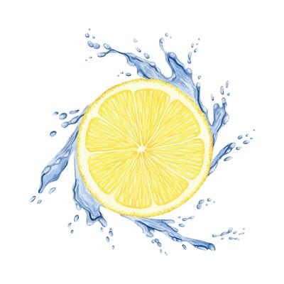 Lemon slice splashes water. Dynamic refreshing cold liquid with citrus fruits. Isolated hand drawn watercolor illustration for menu, packaging of goods, advertisement