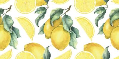 Lemons branches, Juicy lemon slices, fruit and leaves. Hand drawn watercolor seamless pattern. Summer botanical background for tablecloth, package, cosmetic, textile, fabric vector