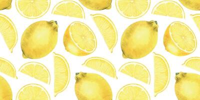 Juice lemon slices and whole fruits. Hand drawn watercolor seamless Surface pattern Design. Background of Tropical citrus fruits for tablecloth, package, cosmetic, textile, fabric vector
