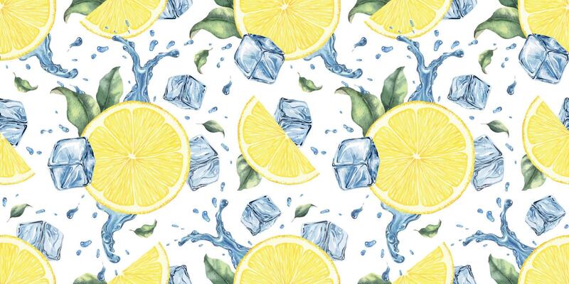 Lemon slices, splashes water, leaves, ice cubes. Dynamic cold liquid with citrus fruits. Hand drawn watercolor seamless pattern. Surface Background for menu, package, cosmetic, textile