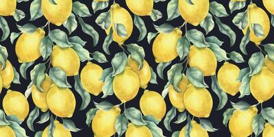 Lemon Branches with fruits and leaves. Hand drawn watercolor seamless surface pattern design on dark background. Summer botanical print for tablecloth, package, cosmetic, textile, fabric vector