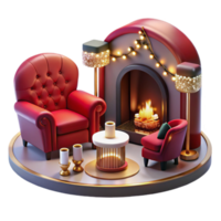 Cozy Fireplace Scene 3D Render of Festive Winter Room png