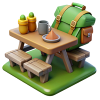 Picnic Table with Backpack and Snacks 3D Render png