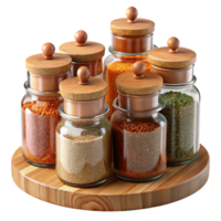 Spice Jars on Wooden Lazy Susan Kitchen Organization png