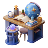 Mystical Study Desk 3D Render of Books, Globe, and Crystal Ball png