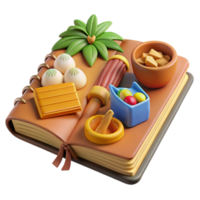 3D Render Open Book with Assorted Treats and Objects png
