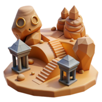 3D Render of Low-Poly Desert Island with Temples and Stairs png