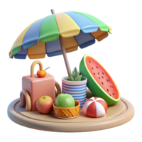 Summer Fruit Scene 3D Render of Beach Umbrella, Watermelon, and More png