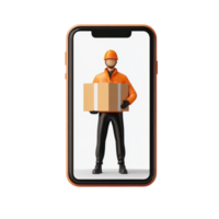 Delivery person posing with a box on a smartphone against a Transparent background, background a delivery person with a box on a smartphone screen on isolated png