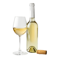 Elegant white wine bottle with glass and cork against a clean Transparent background, White wine bottle and glassand cork, background png