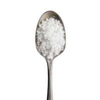 Close-up view of a spoon filled with coarse salt on a clean Transparent background showcasing its texture and purity, Spoon full salt on background png