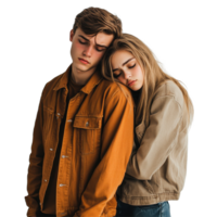 Young couple experiences sadness and isolation in a minimalist setting with a Transparent background, Sad young couple isolated on white png
