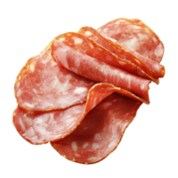 Slices of salami sausage arranged on a clean white surface for culinary use, Salami sausage slices ham isolated on Transparent background, background png