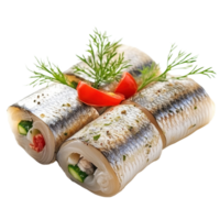 Salted herring rolls beautifully arranged on a Transparent background with fresh herbs and vegetables, Salted herring rolls isolated on png