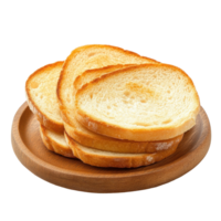 Round toasts of white bread arranged on a wooden plate against a clean Transparent background, Round toasts white bread isolated on png