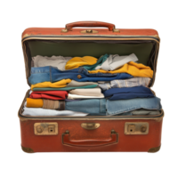 Packed suitcase filled with organized clothes against a plain Transparent background ready for travel, suitcase with a lot clothes inside it, background png