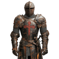 Rusty knights templar armor with equestrian cross on display in weathered condition, Rusty Armor Knights Templar Cross Equestrian Order th Century Military Heritage Medieval Costume, Transparent png