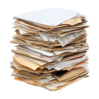 Stack of assorted paper documents and paperwork piled high on a Transparent background, Stack paper documents files paperwork isolated magazines png