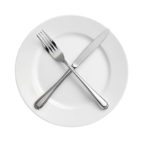 Crossed fork and knife on a white plate ready for dining table setting, Silverware-Crossed Fork and Knife on Plate, Transparent background png
