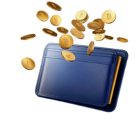 Blue wallet on Transparent background with golden coins flying out, symbolizing digital currency, background a blue wallet with flying golden coins on a transparent background png