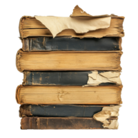 Old stack of worn books with torn pages resting on a Transparent background, showcasing literary history, stack old books with a few pages torn off, background png