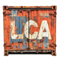 Rusty shipping container with loca painted on the side at a construction site, rusty container with the word loca painted on it, Transparent background png