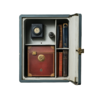 Safe box containing vintage items and books on a Transparent background, safe box with a bunch items inside, background png