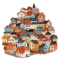 Charming hillside town filled with colorful houses against a Transparent background, small town with many houses on a hill, background png