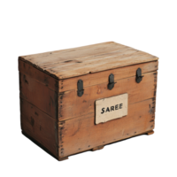 Wooden box with a sign labeled spare placed on a Transparent background for storage or display purposes, wooden box with a sign that says spare, background png