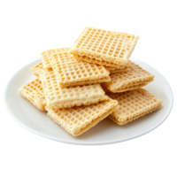 Crispy wafers piled neatly on a plate against a Transparent background for an appealing treat display, Wafers in a plateisolated on background png