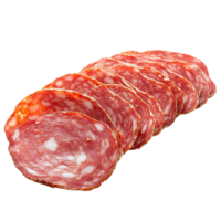 Slices of salami arranged neatly on a Transparent background for culinary presentation and use, Salami isolated background backgroud, background png