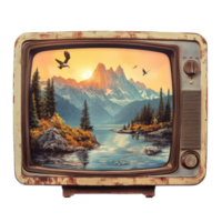 Vintage television displays serene lake with mountains and wildlife in tranquil sunset setting, Scenic Vintage Sun A Television in a Serene Lake ting with Mountain Cliffs and Trees, Transparent png