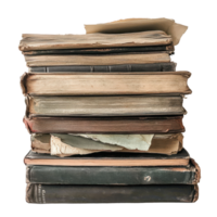 Stacked old books with torn pages showcasing their history and wear in a simple setting, stack old books with a few pages torn off, Transparent background png