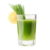 Refreshing wheat grass juice with a lemon slice garnished in a clear glass on a Transparent background, Wheat grass juice with lemon slice in glass on background png